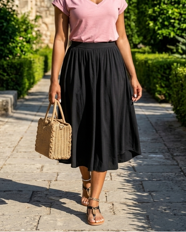 Woman in pink top and black skirt walking in a garden
