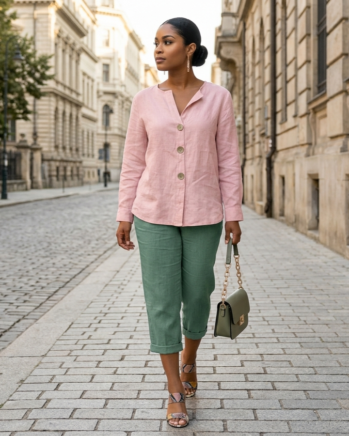 Woman in pink shirt and green pants walking on a city street.