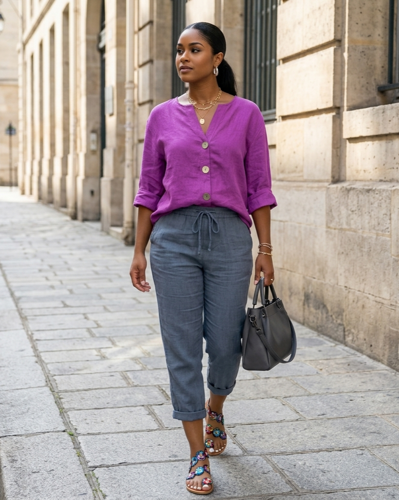 Woman in a purple cardigan and gray pants walking on a street.