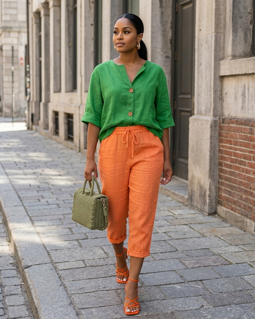 Woman in green shirt and orange pants walking down a street.