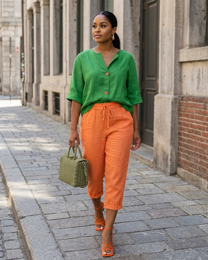 Woman in green shirt and orange pants walking down a street.