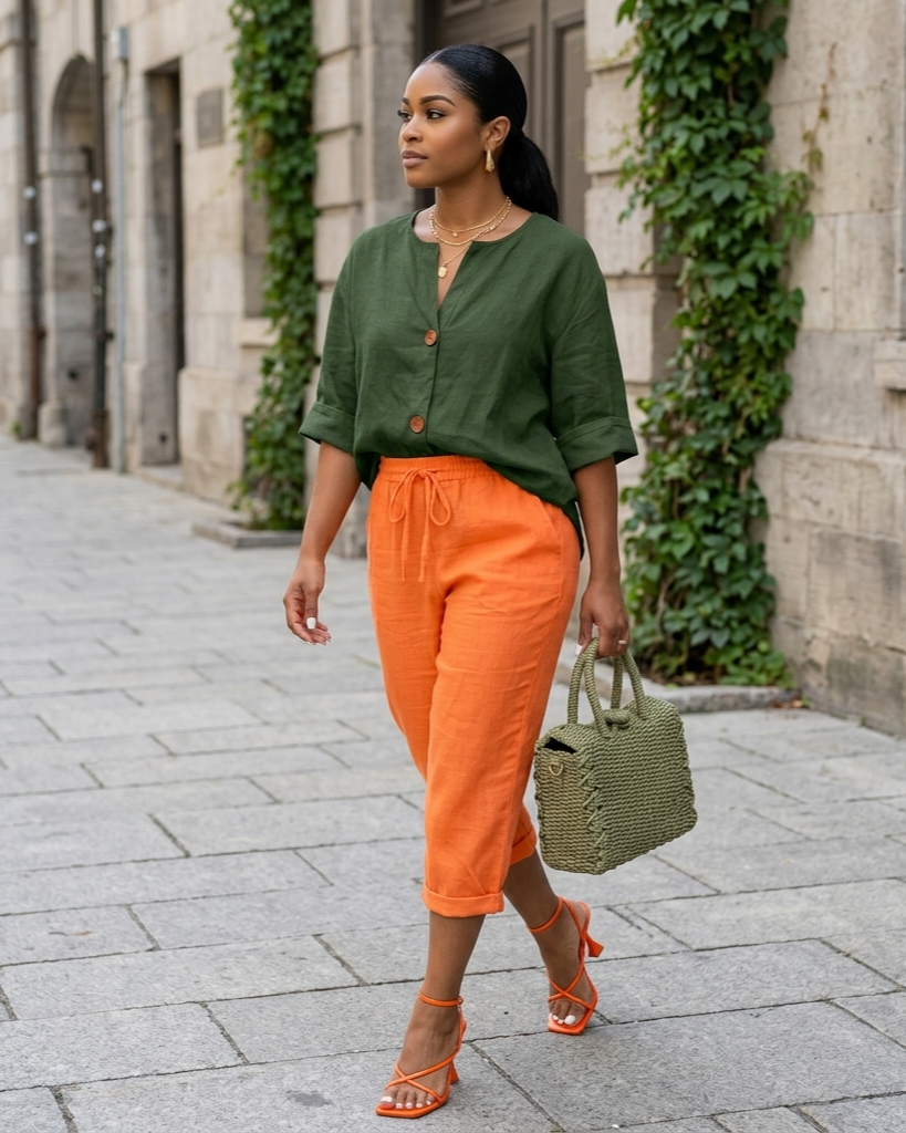 Woman wearing a green top and orange pants walking on a street.
