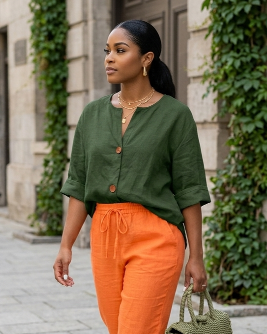 Blusa cómoda de algodón y lino con cuello en V y botones