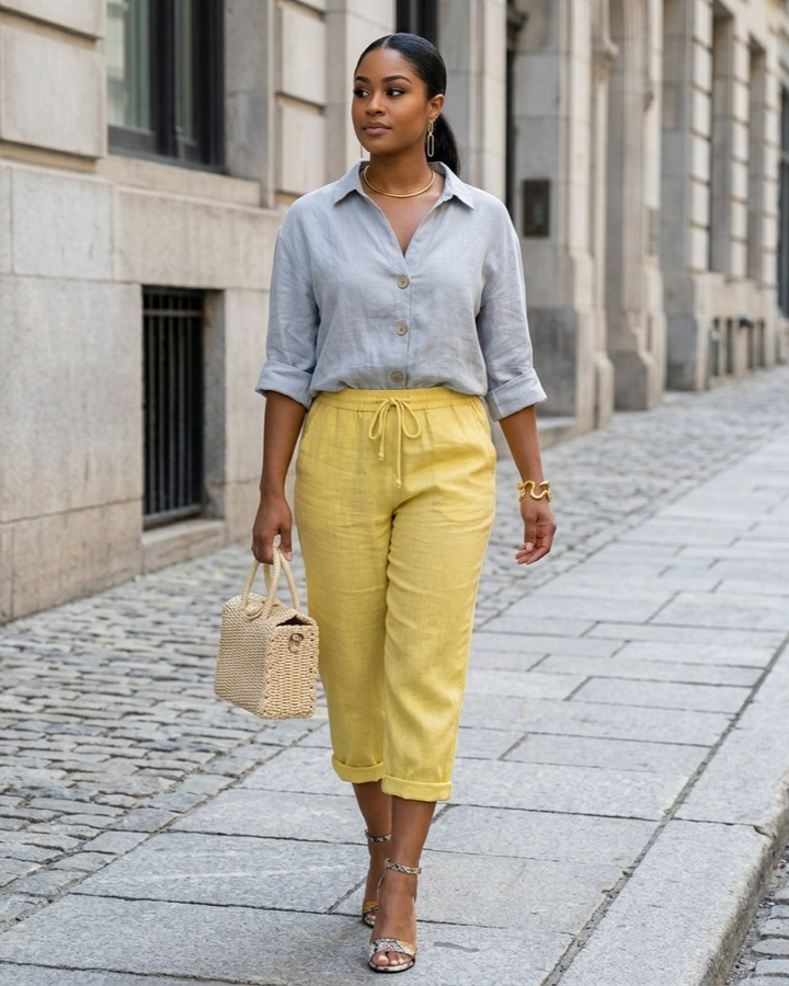 Woman in gray shirt and yellow pants walking on a city street.