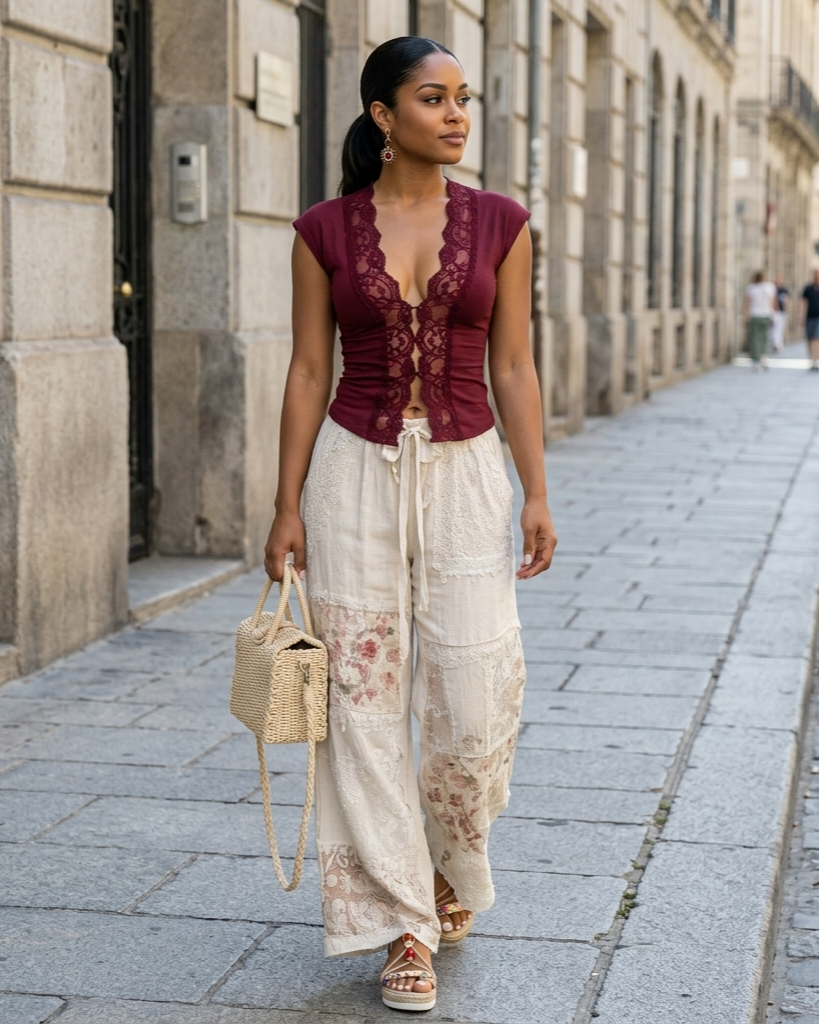 Woman walking down a street wearing a burgundy top and white floral pants.