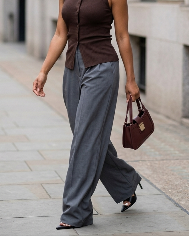 Woman walking on a sidewalk wearing a brown sleeveless top and gray pants, holding a brown handbag.