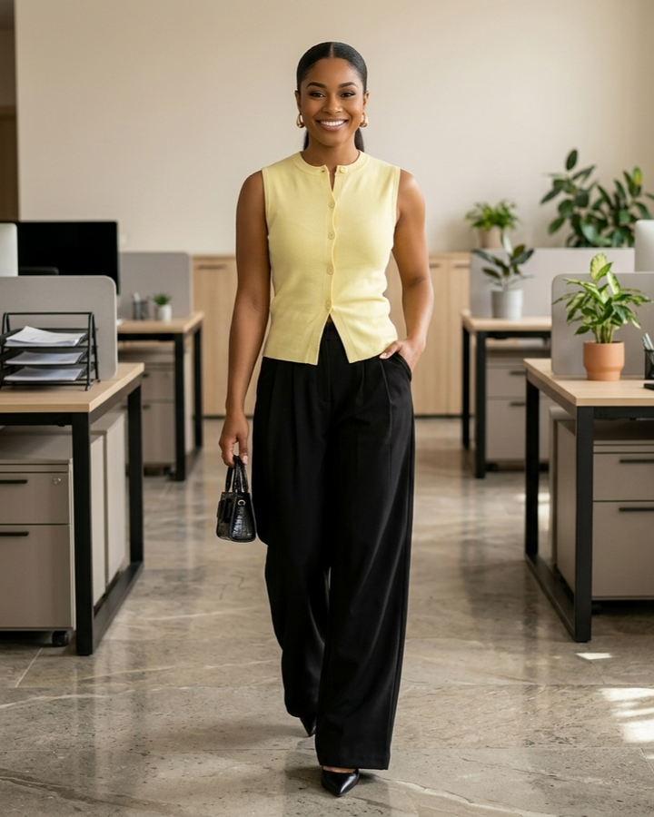 Woman in a yellow blouse and black pants walking through an office.