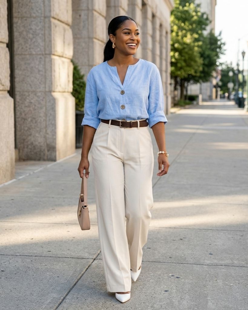 Woman in a blue shirt and beige pants walking on a city street.
