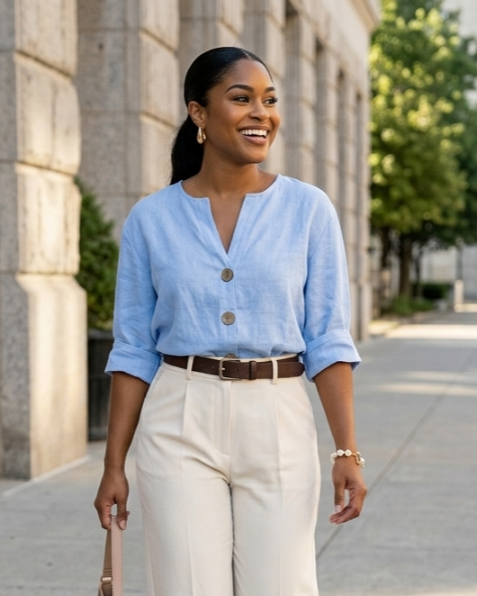 Blusa cómoda de algodón y lino con cuello en V y botones