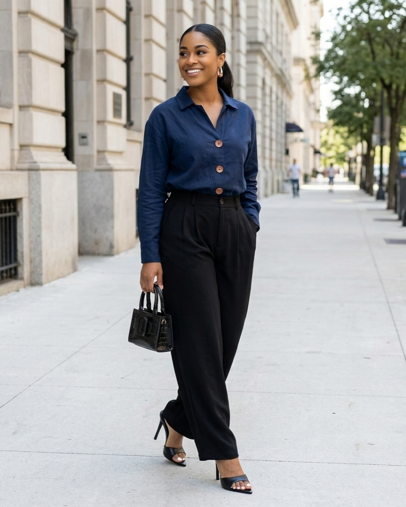 Woman in a blue shirt and black pants walking on a city street.