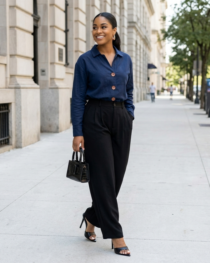 Woman in a blue shirt and black pants walking on a city street.
