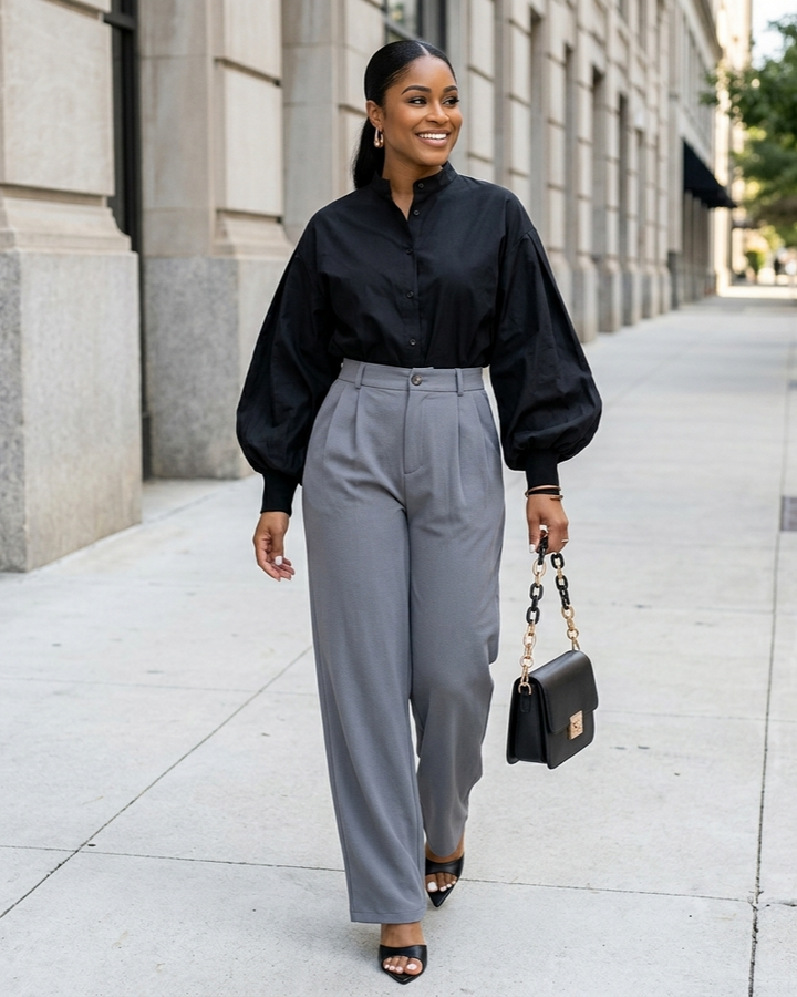 Woman in black blouse and gray pants walking on a city street.