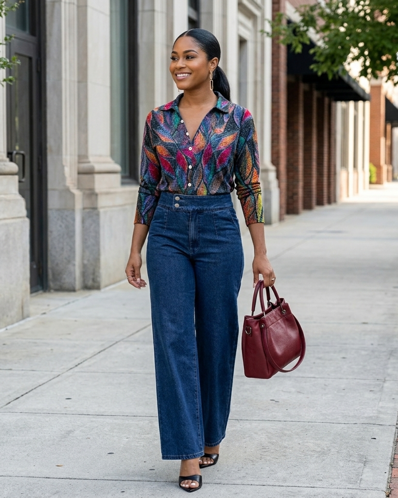 Woman walking down a street wearing a colorful blouse and blue jeans, holding a red handbag.