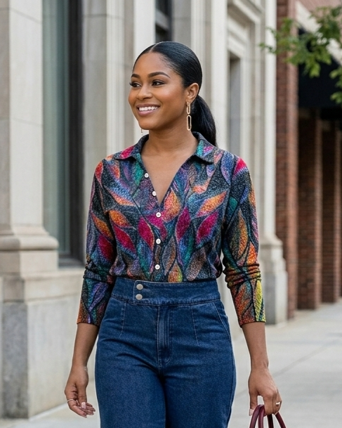 Printed V-neck Long-sleeved Top Women