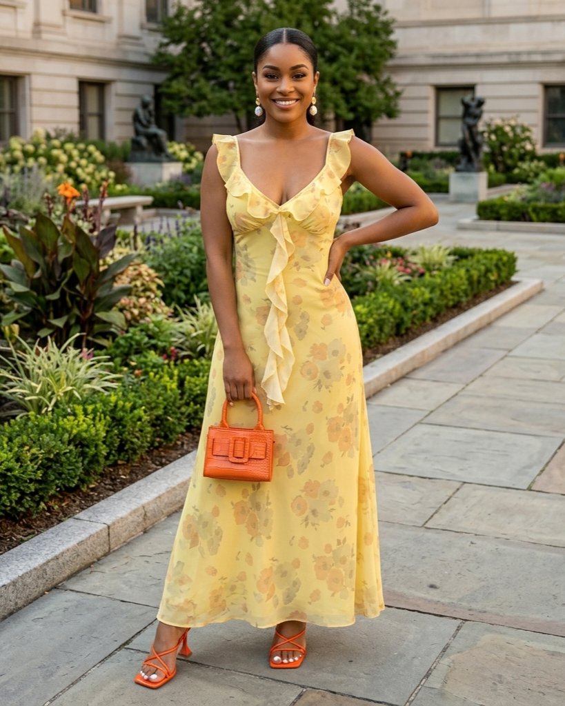 Yellow Printing Slip Dress French Ruffles