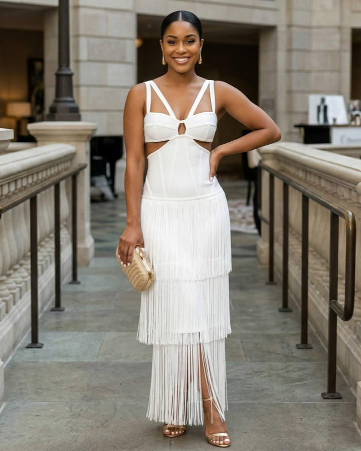 Retro Spaghetti Straps Slim Bandage Tassel Long Event Dress