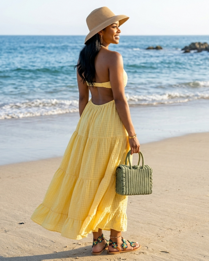 Elegant Yellow Halterneck Beach Vacation Dress