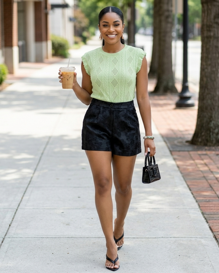 Woman in green top and black shorts holding a drink on a sidewalk