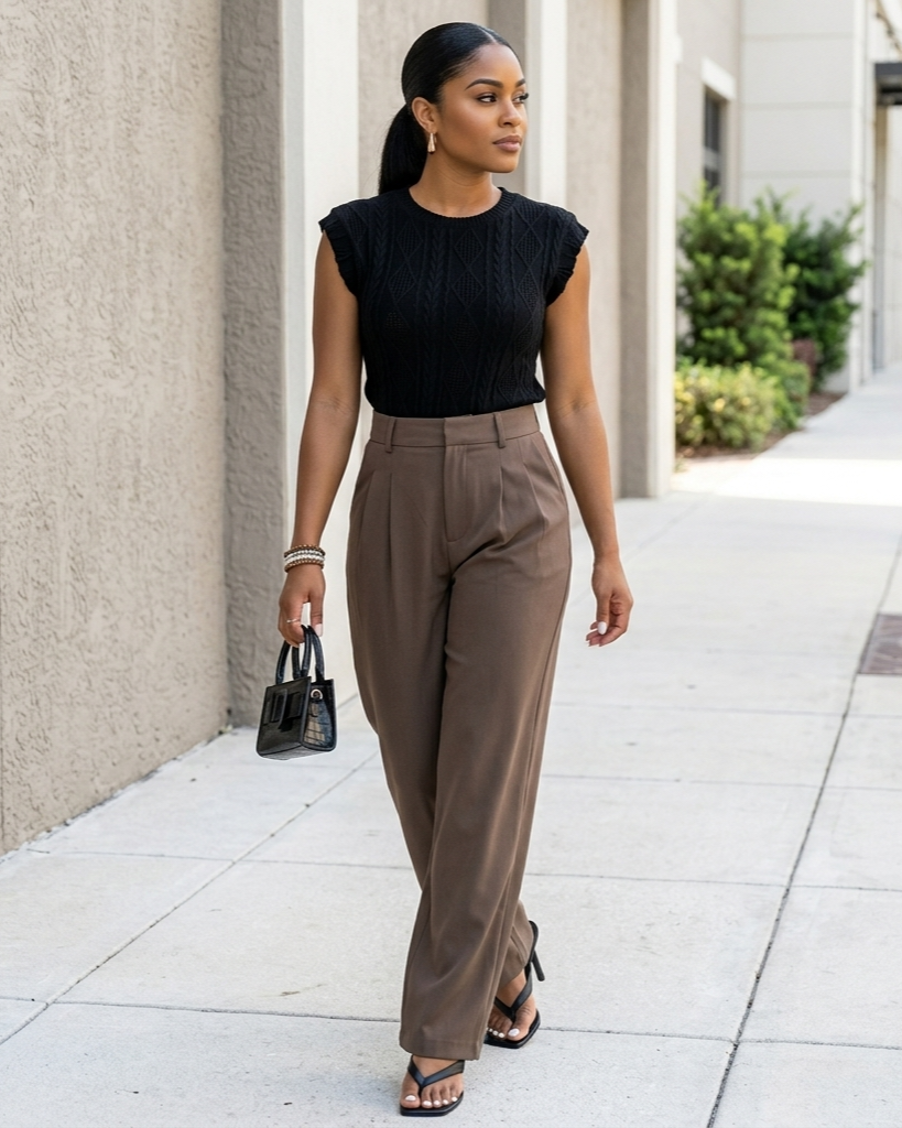 Woman in black top and brown pants walking on a sidewalk.