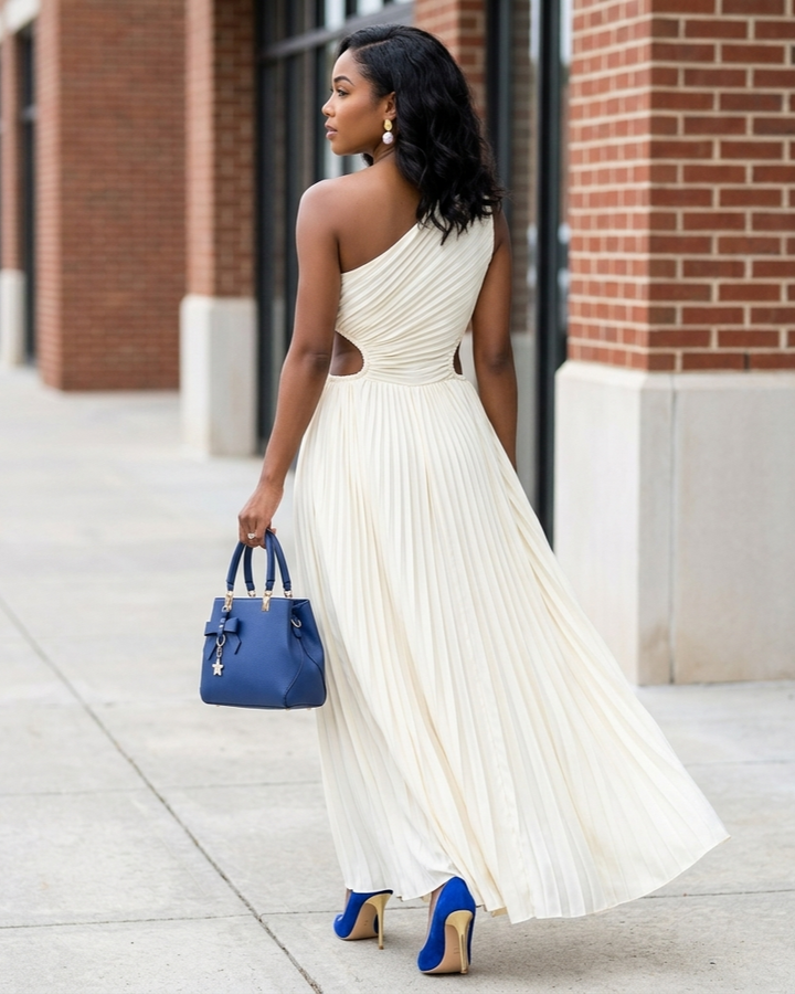 Spring Slant-Shoulder Defined-Waist Chiffon Elegant French-Style Dress For Women