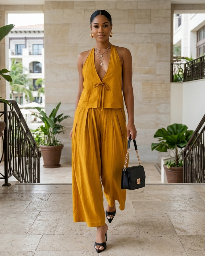 Fashionable Casual Sleeveless Vest And Loose Wide-Leg Pants Womens Set