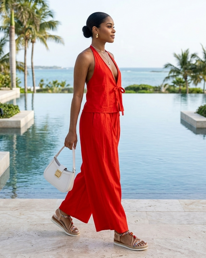 Fashionable Casual Sleeveless Vest And Loose Wide-Leg Pants Womens Set