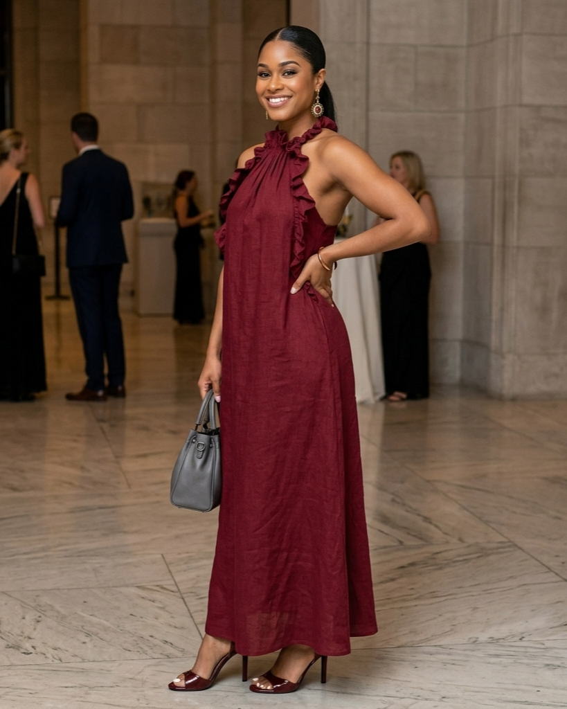 Resort Style Ruffled Halter Neck Sleeveless Maxi Dress