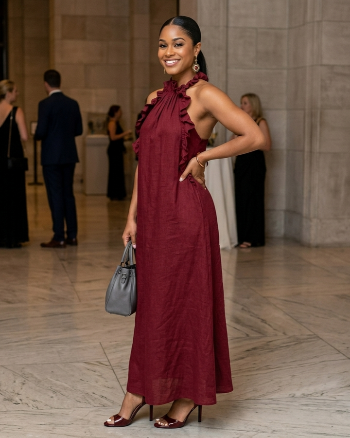 Resort Style Ruffled Halter Neck Sleeveless Maxi Dress