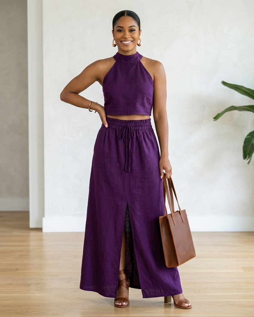 Neck-hanging Sleeveless Top High-waisted Split Wide-leg Long Skirt Two-piece Set