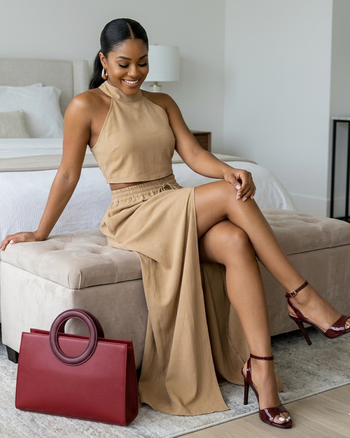 Ensemble deux pièces : haut sans manches à col licou et longue jupe fendue taille haute à jambes larges