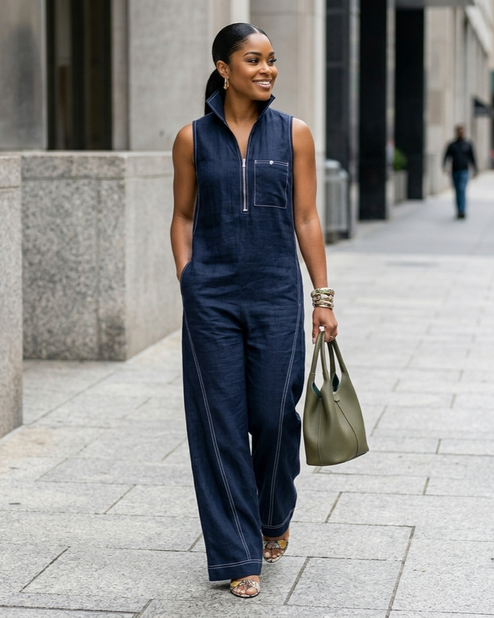 Stand-up Collar Casual Sleeveless Summer Jumpsuit With Pockets