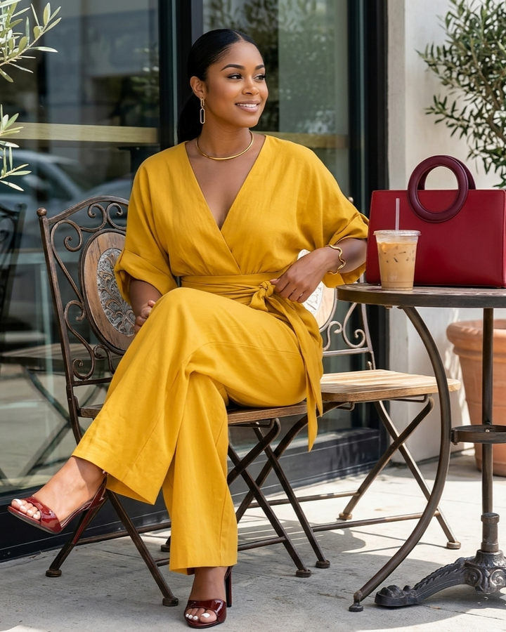 Waist-cinched V-neck Womens Jumpsuit