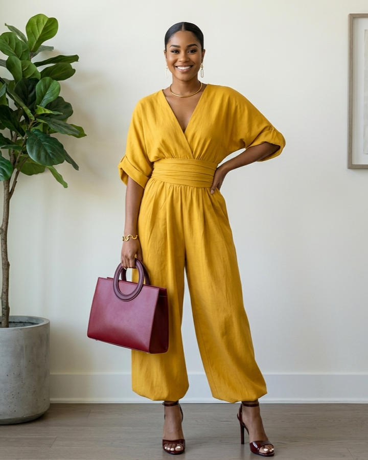 Woman in a yellow jumpsuit holding a purple handbag indoors.