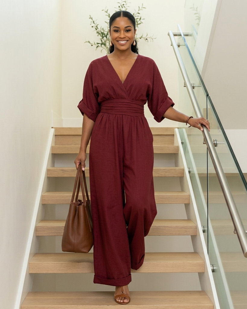 Waist-cinched V-neck Womens Jumpsuit