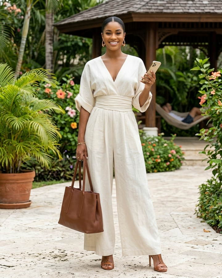 Waist-cinched V-neck Womens Jumpsuit