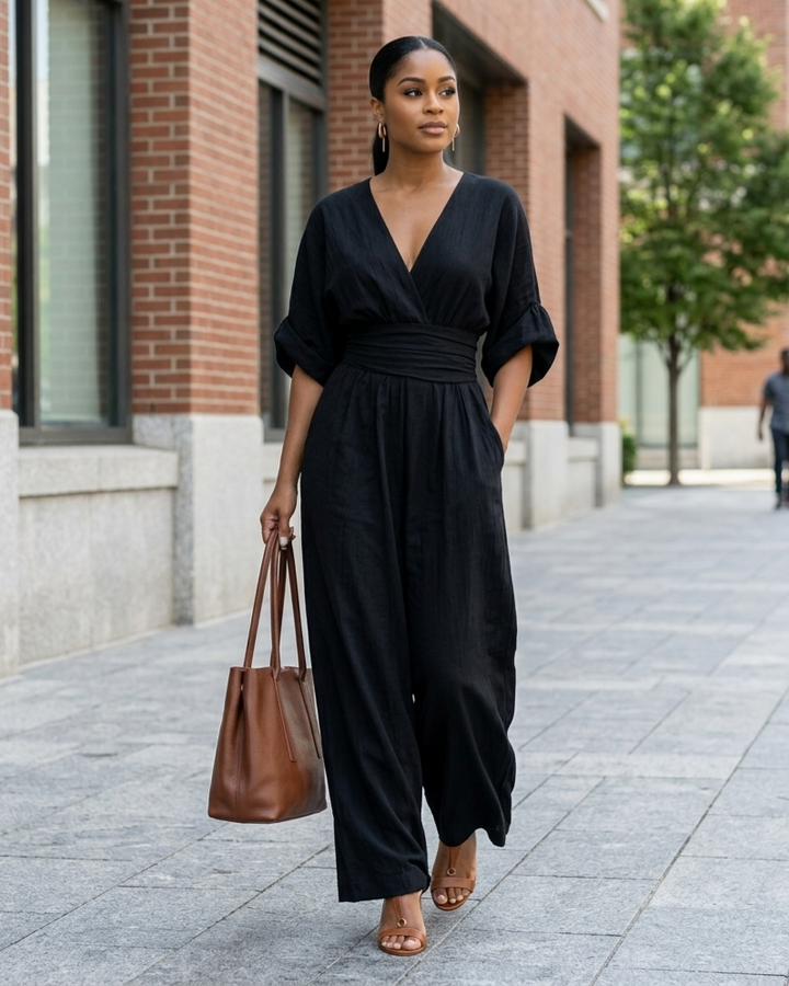 Waist-cinched V-neck Womens Jumpsuit