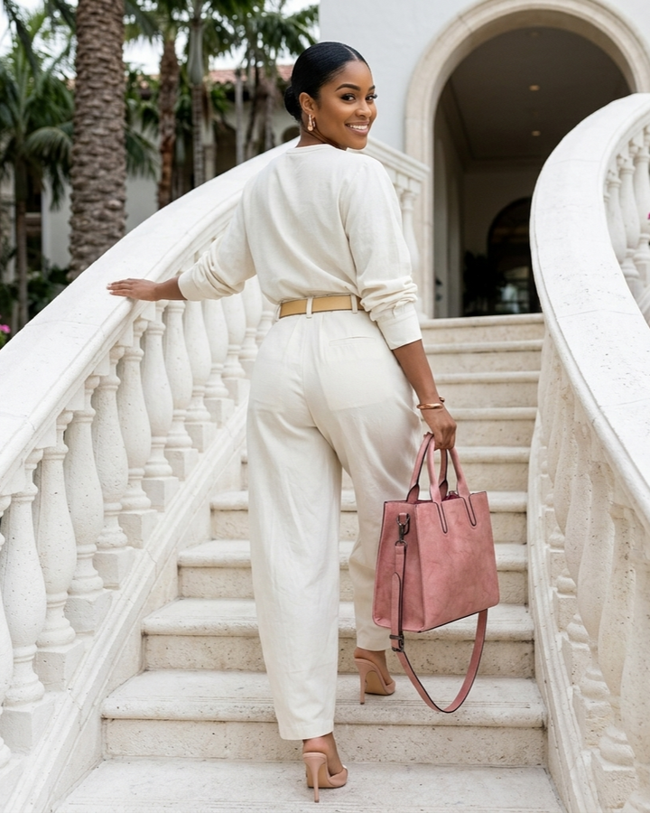 Womens Simple-style Loose Top And Harem Wide-leg Pants Two-piece Set With Belt