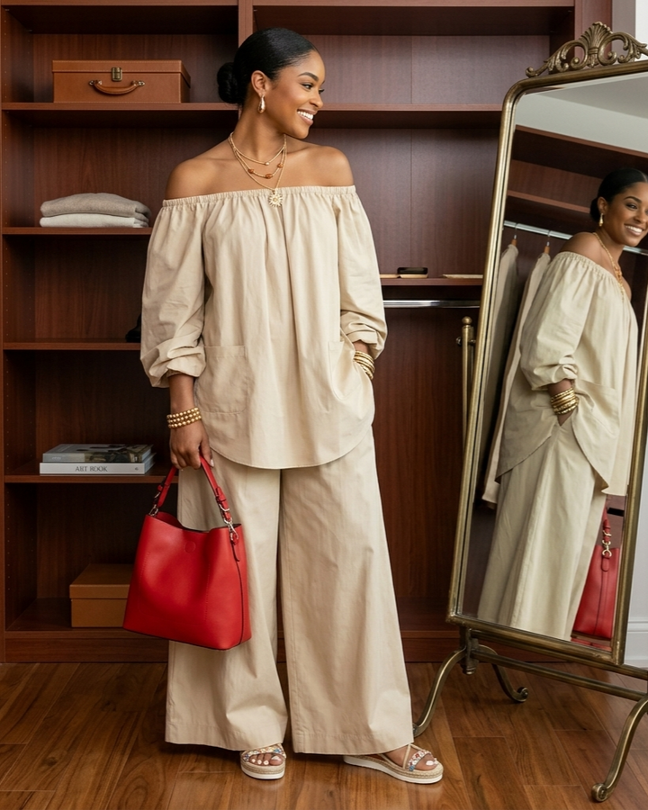 Off-shoulder Womens Cotton And Linen Wide-leg Pants Set