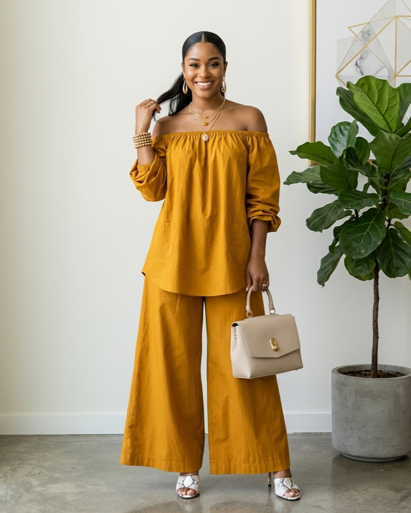 Off-shoulder Womens Cotton And Linen Wide-leg Pants Set
