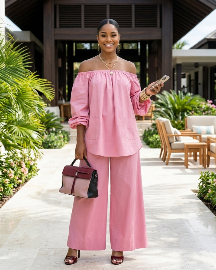 Off-shoulder Womens Cotton And Linen Wide-leg Pants Set