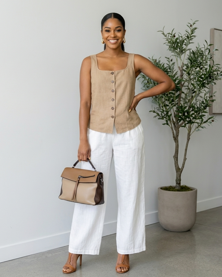 Front-button Sleeveless Top And Pants Set