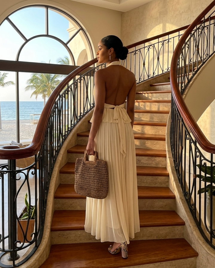New Sexy Deep V Pleated Chiffon Dress Two-piece Suit