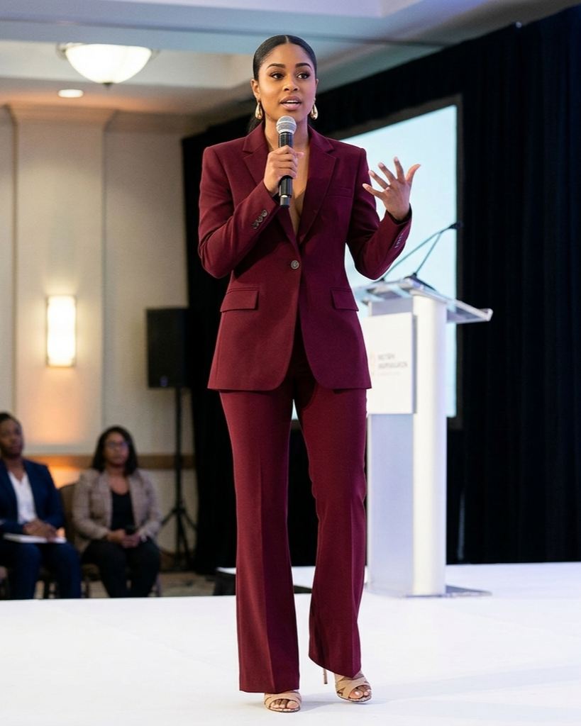 Woman in a maroon suit speaking into a microphone at an event.