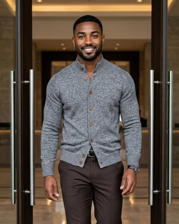 Man in a gray cardigan and brown pants walking through a glass door.