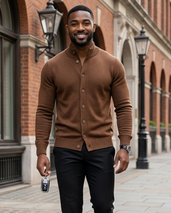 Man in a brown cardigan and black pants walking on a city street.