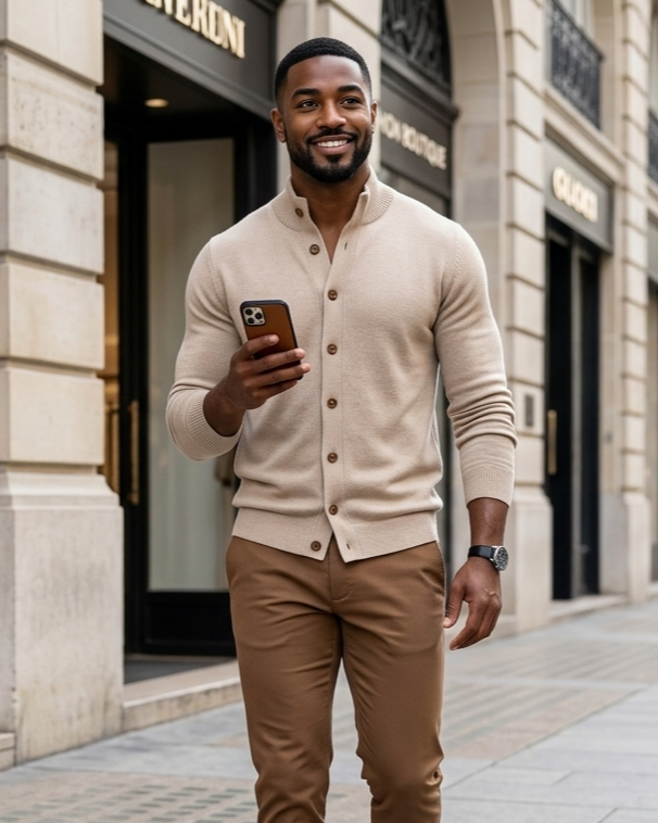 Man in beige cardigan and brown pants walking on a city street.