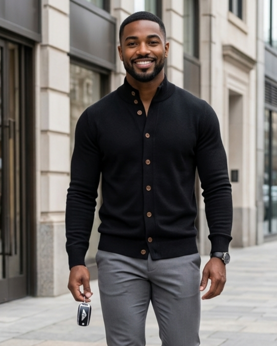 Man wearing a black sweater and gray pants walking on a city street.