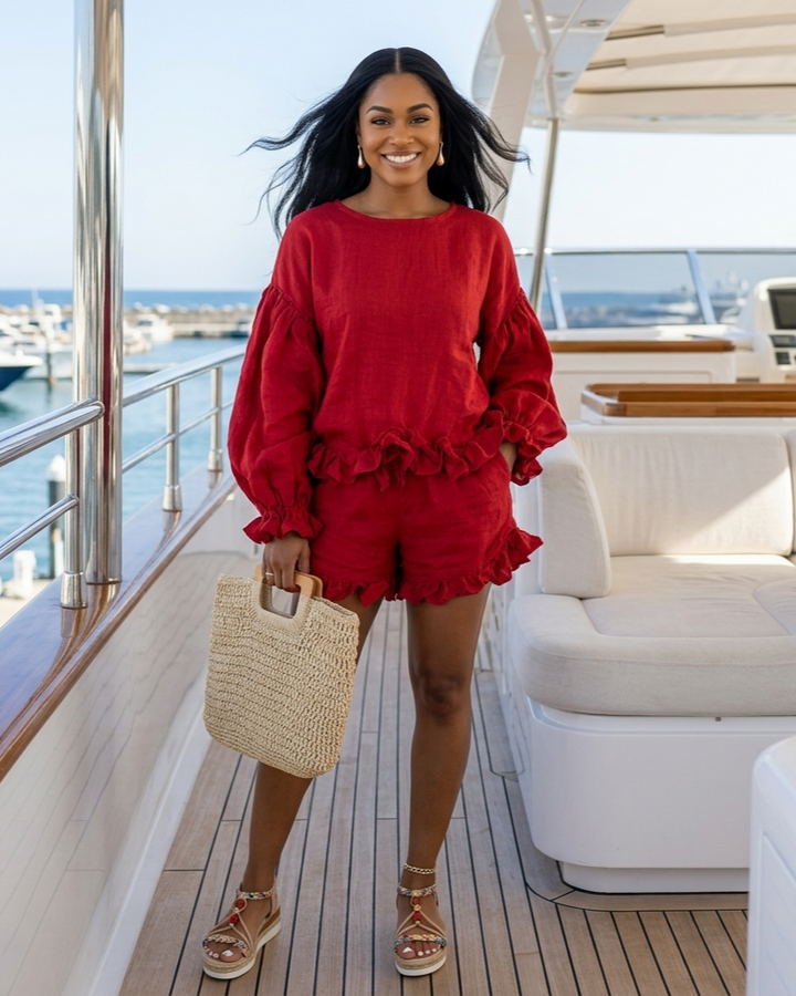Loose-fitting Lantern-Sleeve Top And Shorts Two-Piece Set For Women