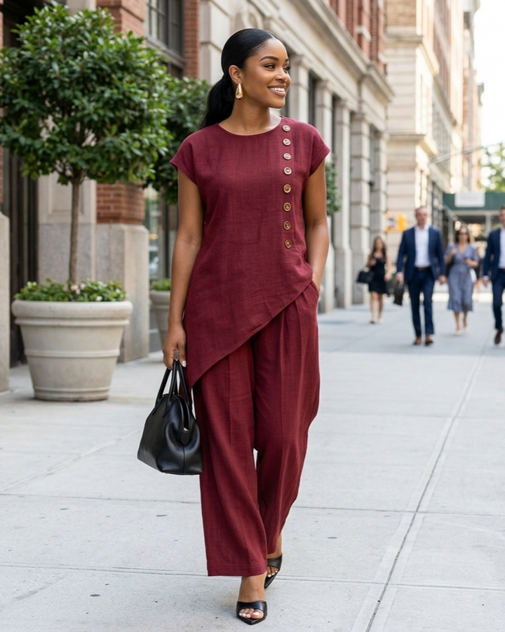 Womens Solid-Color Crew-Neck Buttoned Short-Sleeve Wide-Leg Pants Set