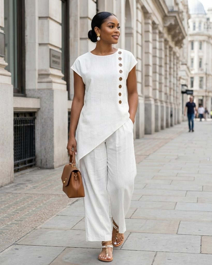 Womens Solid-Color Crew-Neck Buttoned Short-Sleeve Wide-Leg Pants Set